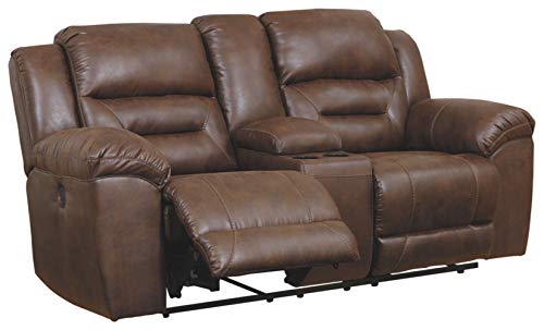 Signature Design by Ashley Stoneland Faux Leather Power Double Reclining Loveseat with Center Console, Dark Brown