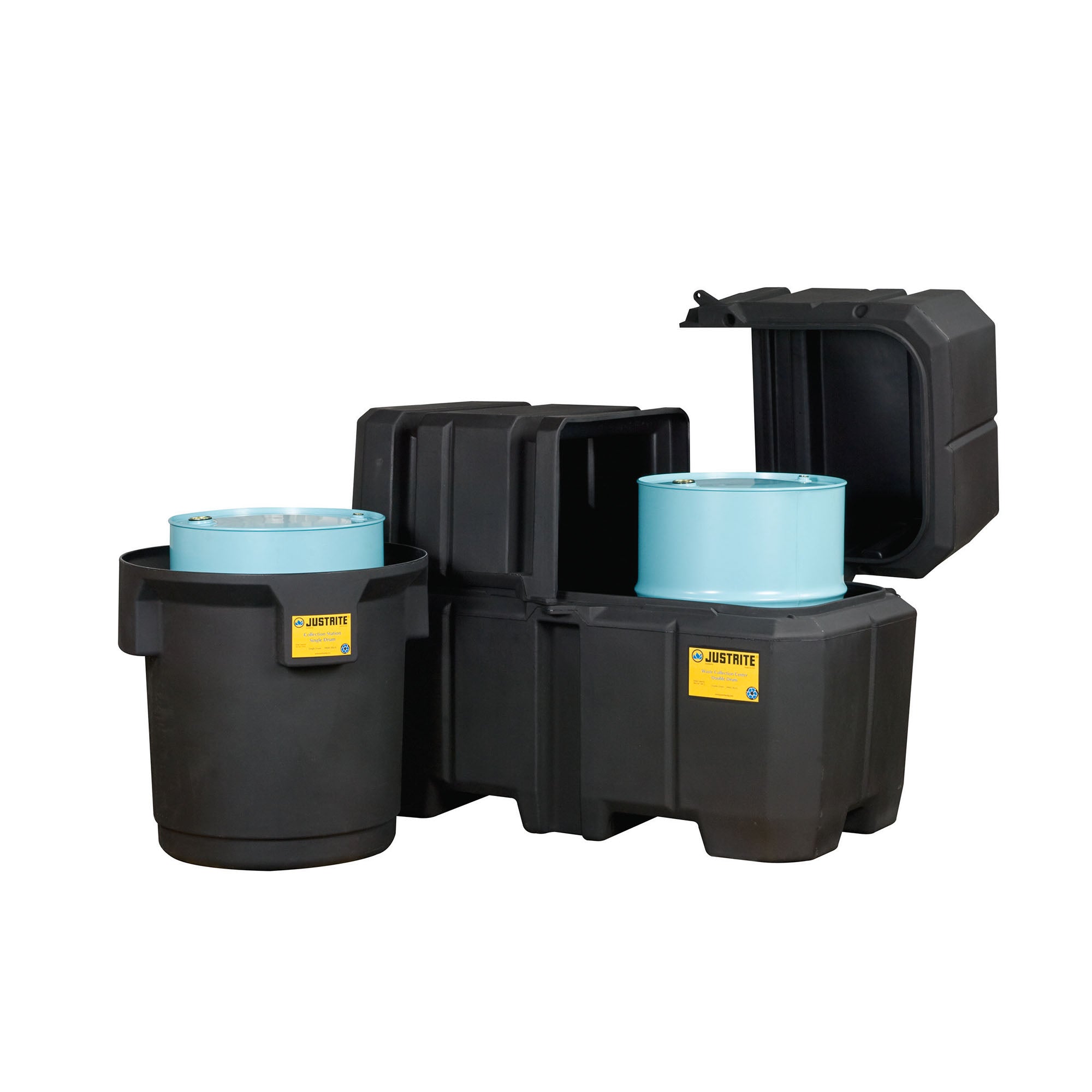 Justrite EcoPolyBlend™ Double Drum Collection Center, Dual Covers, Forklift Channels, Recycled Polyethylene