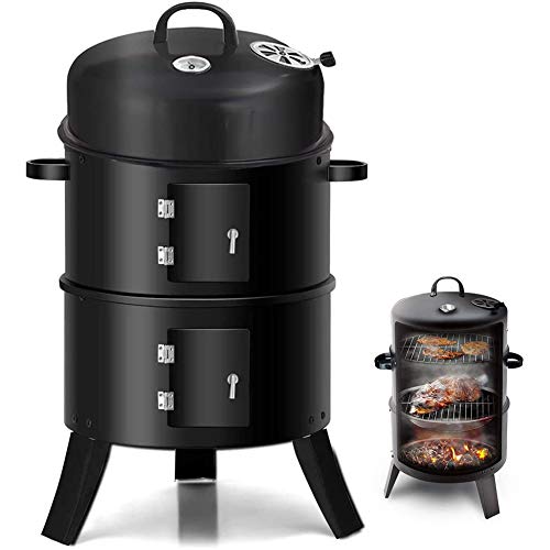 WLHER Multifunctional 3 in 1 Vertical Charcoal Smoker and Grill Combo, BBQ Smokers with Cover, Built-in Thermometer and Adjustable Ventilation Holes, for Outdoor Cooking Camping
