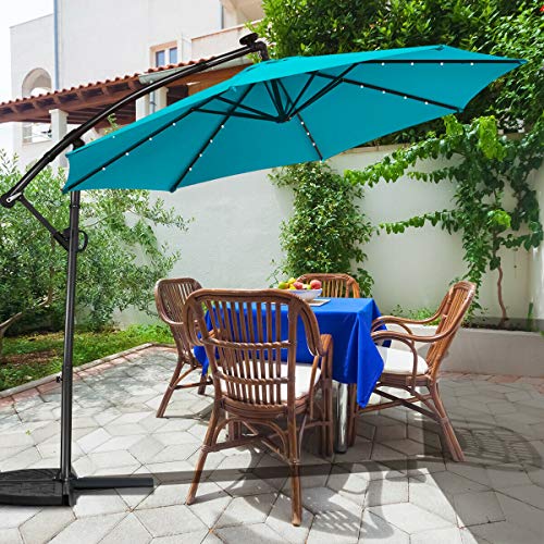 10FT Home Patio Offset Umbrella w/Solar Powered LED 360° Rotation Aluminum Turquoise
