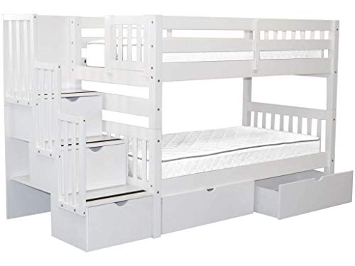 Bedz King Stairway Bunk Beds Twin over Twin with 3 Drawers in the Steps and 2 Under Bed Drawers - White