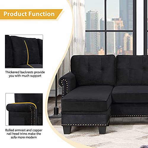 LUMISOL Velvet Sofa Couch with Rolled Arm L-Shaped Convertible Sectional Sofa with Ottoman and Nailhead Trim,Black