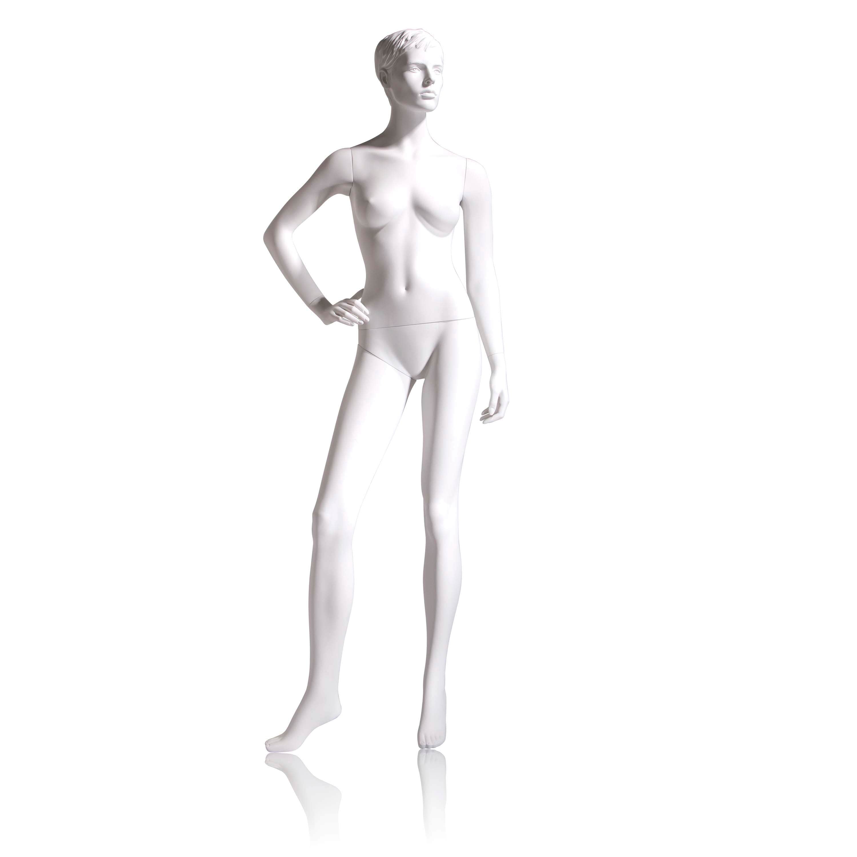 Econoco Female Mannequin - Molded Hair, Right Hand on Hip, Right Leg to Side