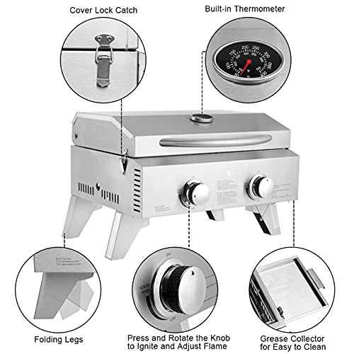 Tabletop Stainless Steel 2-Burner Gas Grill2000 BTU BBQ Grid with Foldable Legs for Outdoor Camping Picnic Grill Home BBQ Oven, Convenient Outdoor Pizza Oven Fired Wood Charcoal Cooker Camping Stove