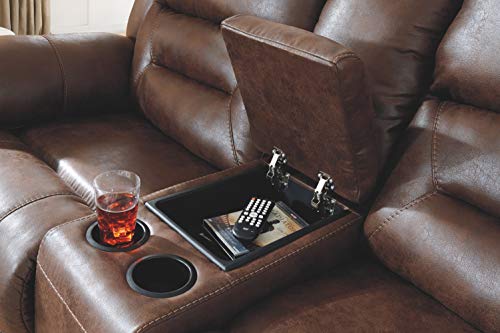 Signature Design by Ashley Stoneland Faux Leather Power Double Reclining Loveseat with Center Console, Dark Brown