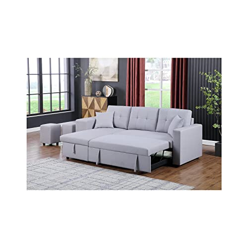 Lilola Home Dennis Linen Fabric Reversible Sleeper Sectional with Storage Chaise and 2 Stools
