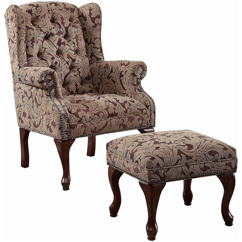 Coaster Tufted Wing Back Accent Chair and Ottoman in Brown