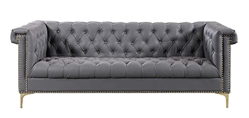 Iconic Home Winston Modern Tufted Gold Nail Head Trim Grey PU Leather Sofa with Gold Tone Metal Y-Legs