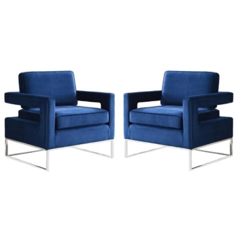 2 Piece Upholstered Velvet Accent Chair Set in Navy and Chrome