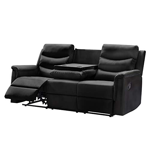 Pannow Double Recliner Loveseat with Console Slate, Double Reclining Sofa with Cup Holder, 3-Seater with Flipped Middle BACKREST Black PU, Theater Seating Furniture Sofa Bed, Black PU