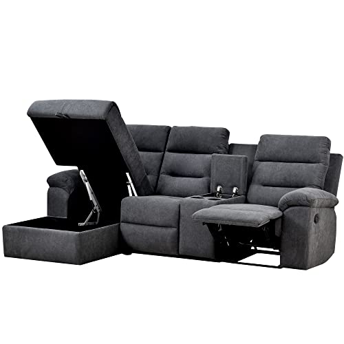 RINIMEI L-Shaped Upholstered Manual Reclining Sectional Sofa with Storage Chaise Lounge Couch and 2 Cup Holders for Living Room Furniture Sets, Dark Grey