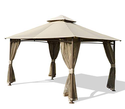 Kozyard Victoria 10ft x 13ft Double Roof Outdoor Garden Gazebo Vented Soft Polyester Canopy and Removable Netting (Dark Brown Frame/Beige Fabric)