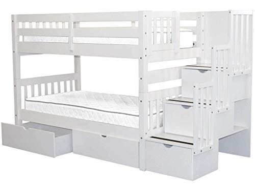 Bedz King Stairway Bunk Beds Twin over Twin with 3 Drawers in the Steps and 2 Under Bed Drawers - White