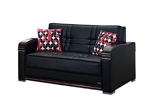 BEYAN Westchester Collection Faux Leather Upholstered Convertible Sleeper Loveseat with Storage, Solid Wood Frame, and Steel Innersprings, Black