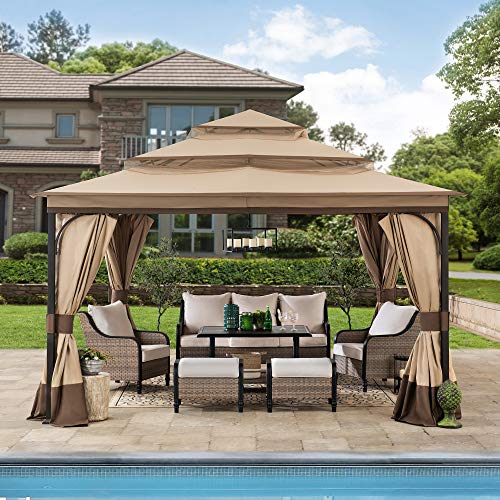 Sunjoy Moorgate 13x13 ft. Steel Gazebo with 3-Tier Canopy, Tan and Brown