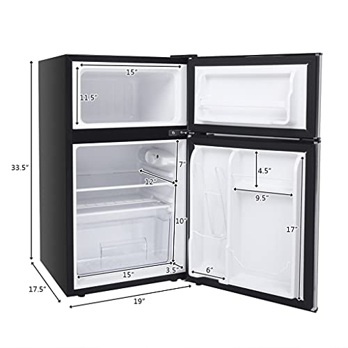 YZJC Double Door Mini Fridge, Portable Freezer for Bedroom Office or Apartment AC115V/60Hz 90L/3.2CU.FT Household Refrigerator 2-Door Design, with Removable Glass Shelf, Black