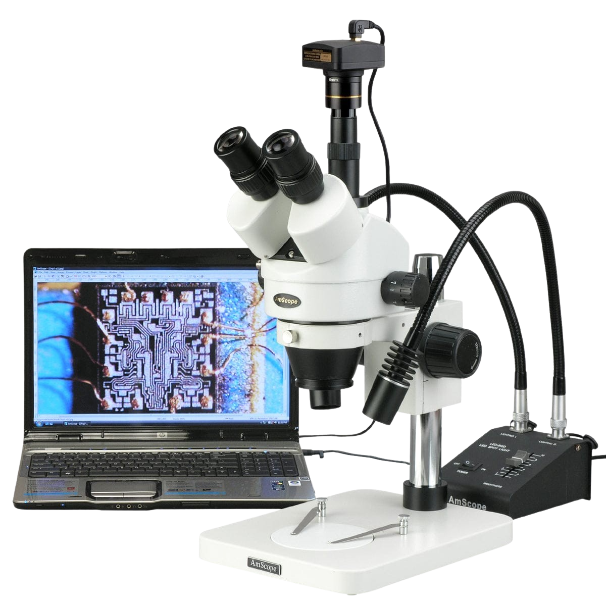Amscope SM-1TSW2-L6W-5M 3.5X - 225X Digital Zoom Stereo Microscope with Gooseneck LED Lights Plus 5MP USB Camera New