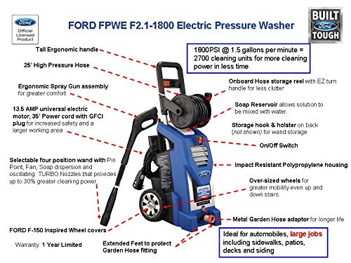 Ford FPWEF2.1-1800 1800PSI Electric Pressure Washer with Two Brushes
