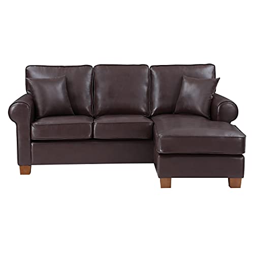 OSP Home Furnishings Rylee Reversible Rolled Arm Sectional Sofa with 2 Pillows and Coffee Finished Legs, Cocoa Faux Leather