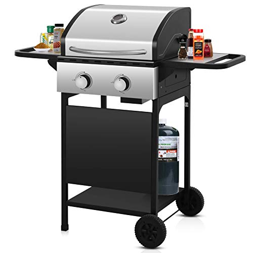 LHRIVER Portable Grills Outdoor Cooking - Storage Shelvf 2 Burners Propane Gas Grills, Low/Medium/High Adjustable Flame BBQ Grill for Camping,Garden, Black