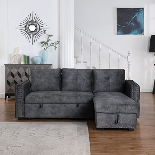 Morden Fort Velvet Sectional Sleeper Sofa with Storage Reversible L-Shape 3 Seat Sectional Couch - Black
