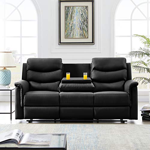Pannow Double Recliner Loveseat with Console Slate, Double Reclining Sofa with Cup Holder, 3-Seater with Flipped Middle BACKREST Black PU, Theater Seating Furniture Sofa Bed, Black PU