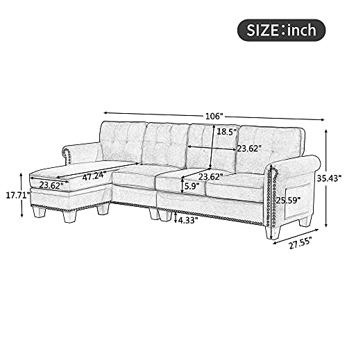 LUMISOL Velvet Sofa Couch with Rolled Arm L-Shaped Convertible Sectional Sofa with Ottoman and Nailhead Trim,Black