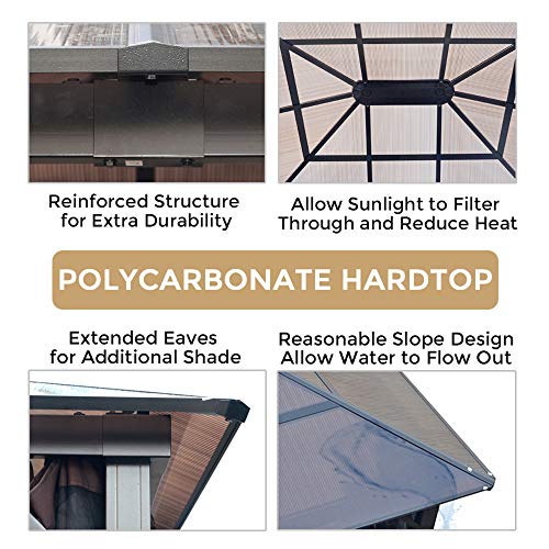 AsterOutdoor 10x12 Outdoor Hardtop Gazebo for Patios Metal Aluminum Frame Polycarbonate Top Canopy with Mosquito Netting for Lawn, Backyard and Deck 99% UV Rays Block, Black