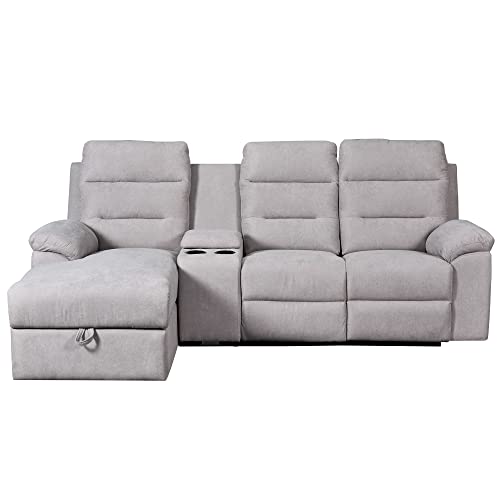 RINIMEI L-Shaped Upholstered Manual Reclining Sectional Sofa with Storage Chaise Lounge Couch and 2 Cup Holders for Living Room Furniture Sets, Light Grey