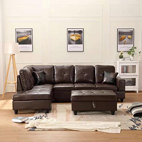 UNIROI Modern Soft Sectional, L-Shaped Faux Leather Couch with Chaise Lounge and Storage Ottoman Sofa for Living Room Furniture Set, Pu Brown Left