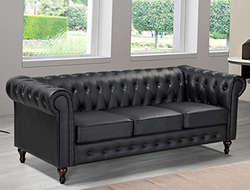 US Pride Furniture Soft Elegant 82.3’’ Wide Black Faux Leather Tight Back Rolled Arm Living Room Removable Cushion & Solid Wood Legs (S5683-5687) Sofas