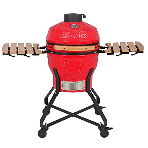 Ceramic Charcoal Grill Camping Indoor/Outdoor Cooking Portable Round (18in Red)