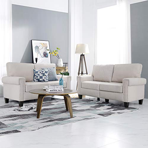 2 Piece Mid Century Modern Upholstered Sofa and Loveseat Sets Couch Living Room Furniture, Beige