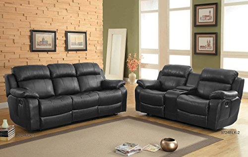 Homelegance Marille Reclining Loveseat w/ Center Console Cup Holder, Black Bonded Leather