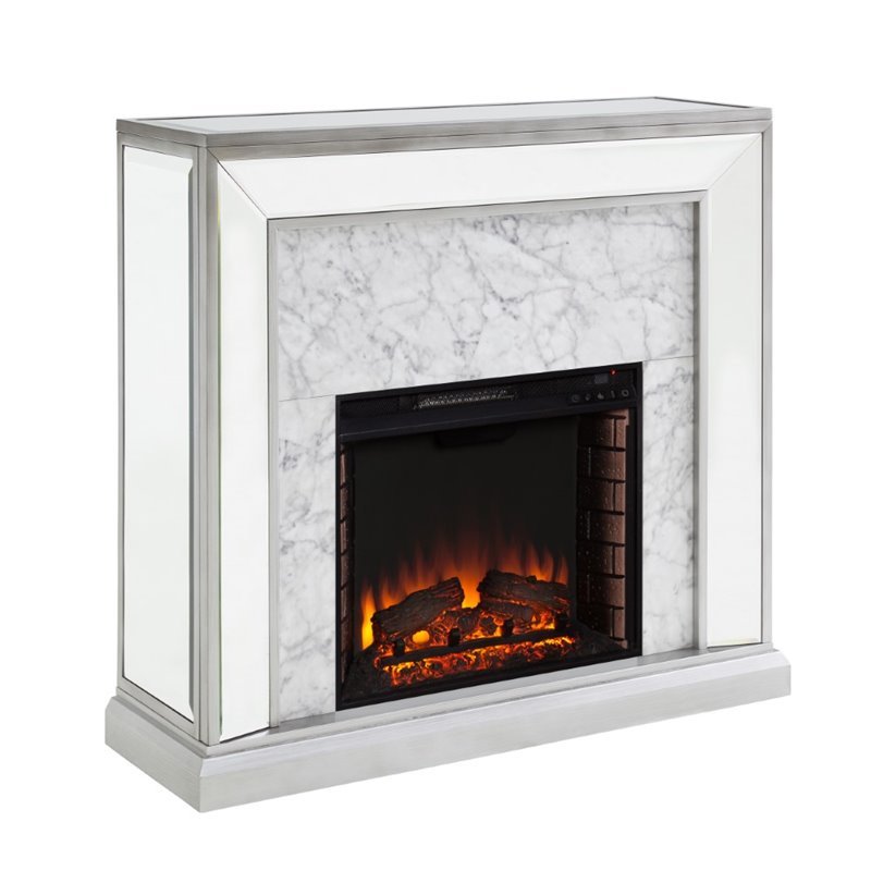 Southern Enterprises Trandling Mirrored Faux Marble Electric Fireplace in White
