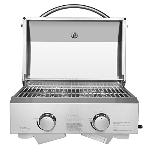 Tabletop Stainless Steel 2-Burner Gas Grill Portable 2000 BTU BBQ Grid with Foldable Legs for Outdoor Camping Picnic