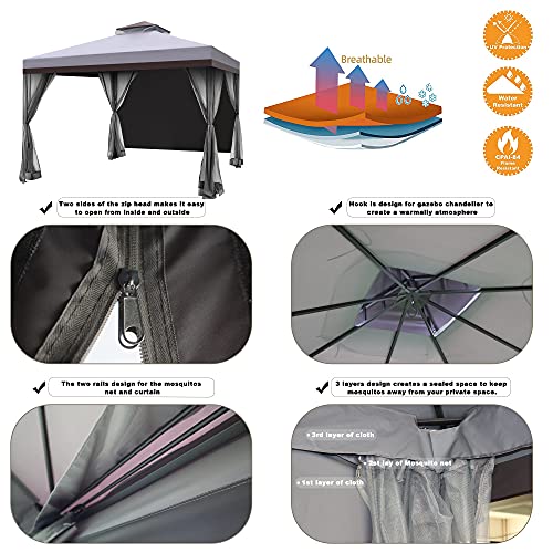 Hofzelt Ocala 10 x 10 Ft Gazebo Double Tier Patio Canopy Steel Frame with 4 Side Mosquito Netting and One Side Curtain (Dark Grey)