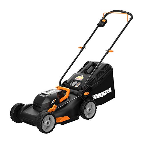 WORX WG743 40V PowerShare 4.0Ah 17 Inch Lawn Mower w/Mulching & Intellicut (2x20V Batteries),Black and Orange