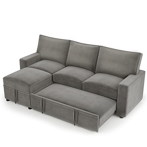 Reversible Sectional Sofa,Pull Out Sofa Bed with 2 Pull-Out Sleepers, Space-Saving Functional Sofa Bed, Chaise Longue with Loveseat, Grey