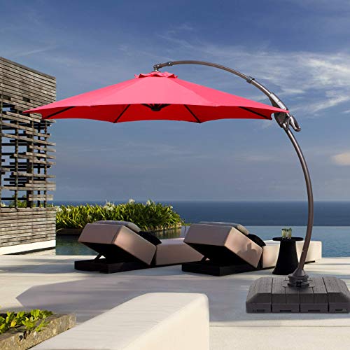 Grand patio Napoli 11 FT Curvy Aluminum Offset Umbrella, Patio Cantilever Umbrella with 360° Rotation, Red