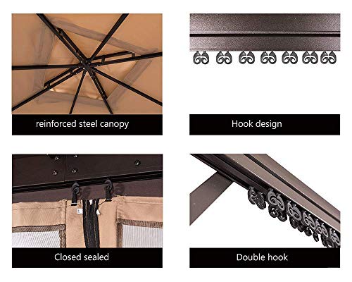 SUNCROWN Outdoor Patio Garden Gazebo 10 x 10 FT All-Season Permanent Gazebo with Vented Soft Canopy, Double Square Tops and Mosquito Netting- Beige, Front Porch, Sand