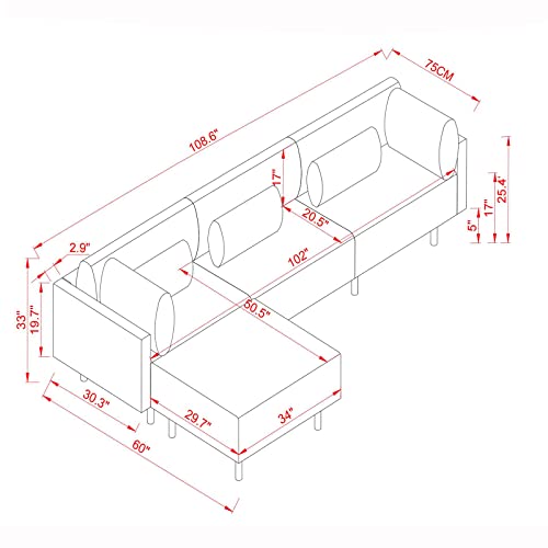 Antetek 108'' Convertible Sectional Sofa Couch L Shape Couch with Reversible Chaise and Golden Metal Legs, Modern Linen Modular Sectional Sofa for Living Room, Grey