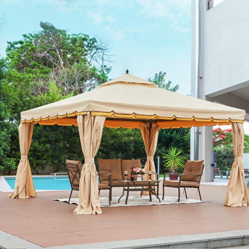 Erommy 12’ x 12’ Outdoor Canopy Gazebo Double Roof Patio Gazebo Steel Frame with Netting and Shade Curtains for Garden,Patio, Party Canopy-Beige