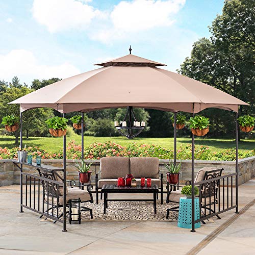Sunjoy Havana 11 ft. x 13 ft. Brown Steel Hexagon Gazebo with 2-tier Khaki Dome Canopy