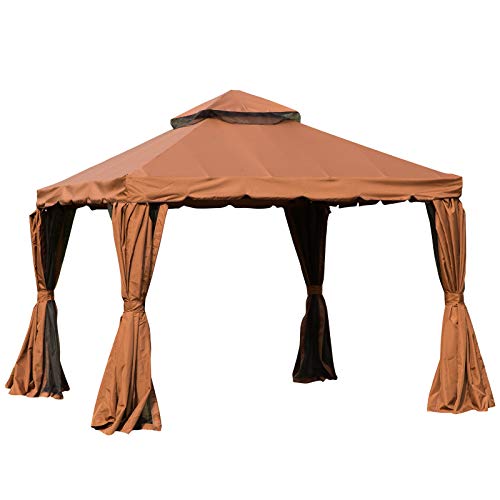 Outsunny 10’ x 10’ Outdoor Patio Gazebo with Beautiful Polyester Curtains, 2-Tier Roof, & Mesh Screen Drapes, Brown