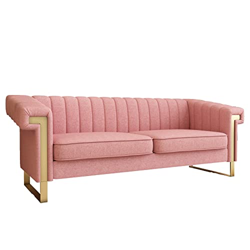 ZWMBYN Mid-Century Modern Channel Tufted Linen Sofa Couch, 83W Upholstered Loveseat Sofa Furniture with Gold Stainless Steel Legs and Square Rolled Arms for Living Room Bedroom, Pink