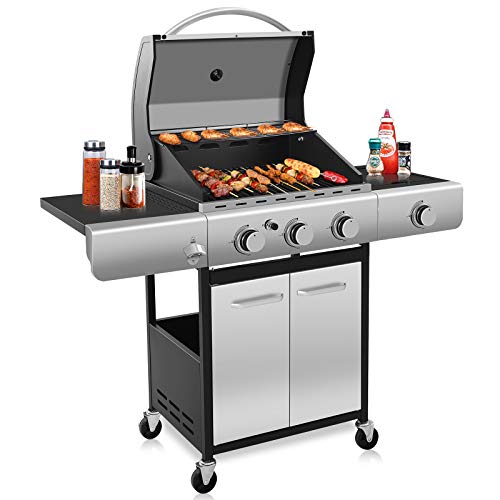 Kismile Three Burners Liquid Propane Gas Grill, 34000 BTU BBQ Gas Grill with Stainless steel, Enamelled Cooking Grills, Gas BBQ Wagon for Outdoor Use (Three Burners)