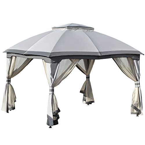 Outsunny 12' x 10' 2-Level Outdoor Gazebo Tent with Zippered Mesh Sidewalls, Solid Steel Frame, Arched Roof, Grey