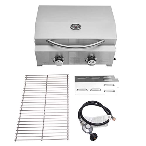 Barbecue Grill/Tabletop Stainless Steel BBQ Grid Barbecue Cookers Gas Grill with 2 Burners&Foldable Legs/Used for Outdoor Camping Picnic / 2000 BTU/Silver