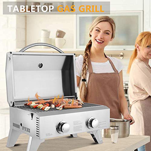 Tabletop Stainless Steel 2-Burner Gas Grill Portable 2000 BTU BBQ Grid with Foldable Legs for Outdoor Camping Picnic,high Temperature Resistant, Non-oxidizing and Durable